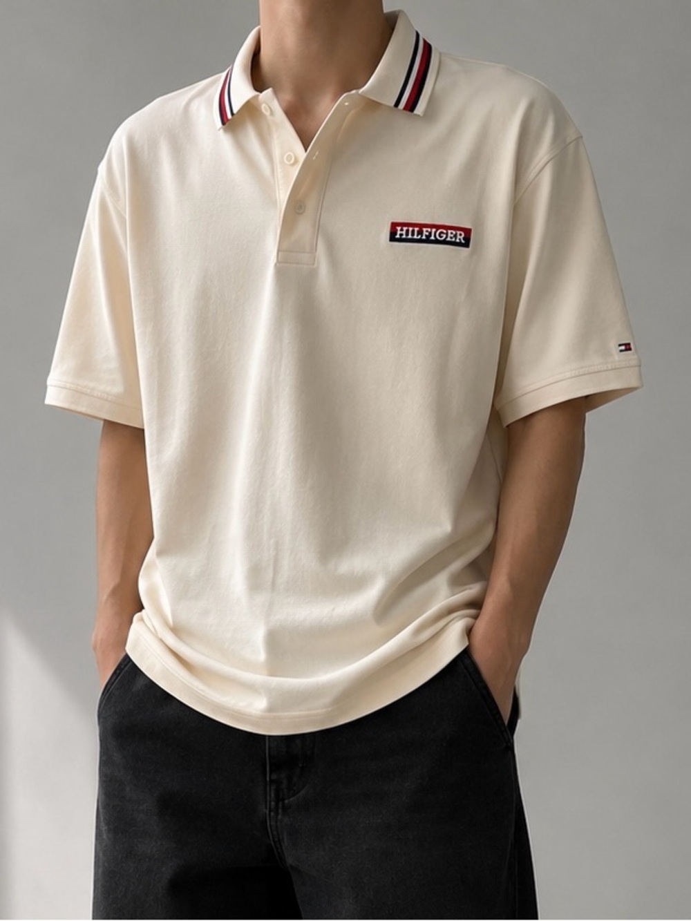 Tommy Hilfiger Cream Polo with Striped Collar